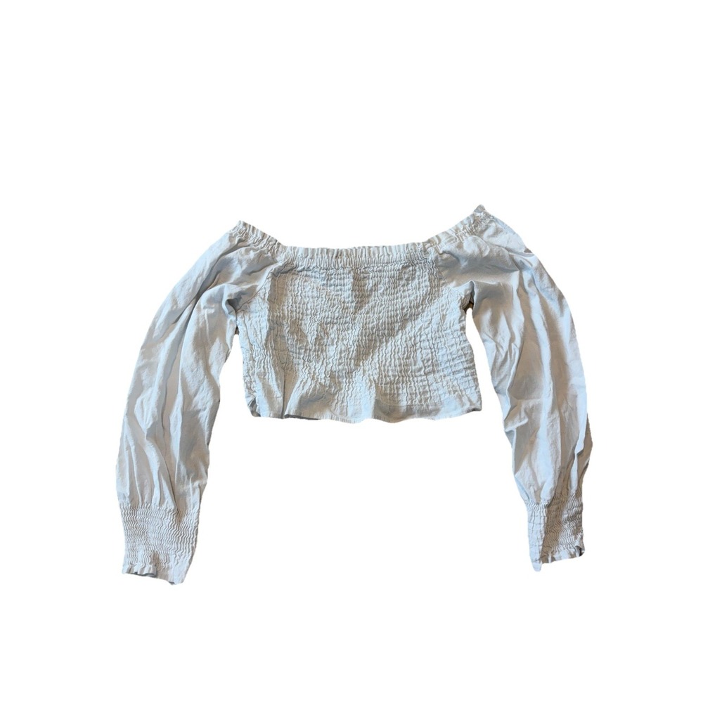 Zara White Smocked Puff Sleeve Ruffle Hem Crop Top Women Medium Coquette Cottage